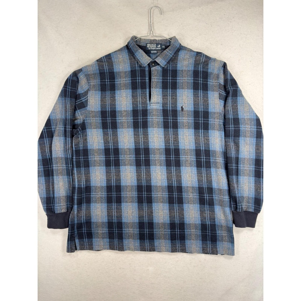 Vintage Polo Ralph Lauren Plaid Long Sleeve Polo XL Blue Cotton 90s Hong Kong